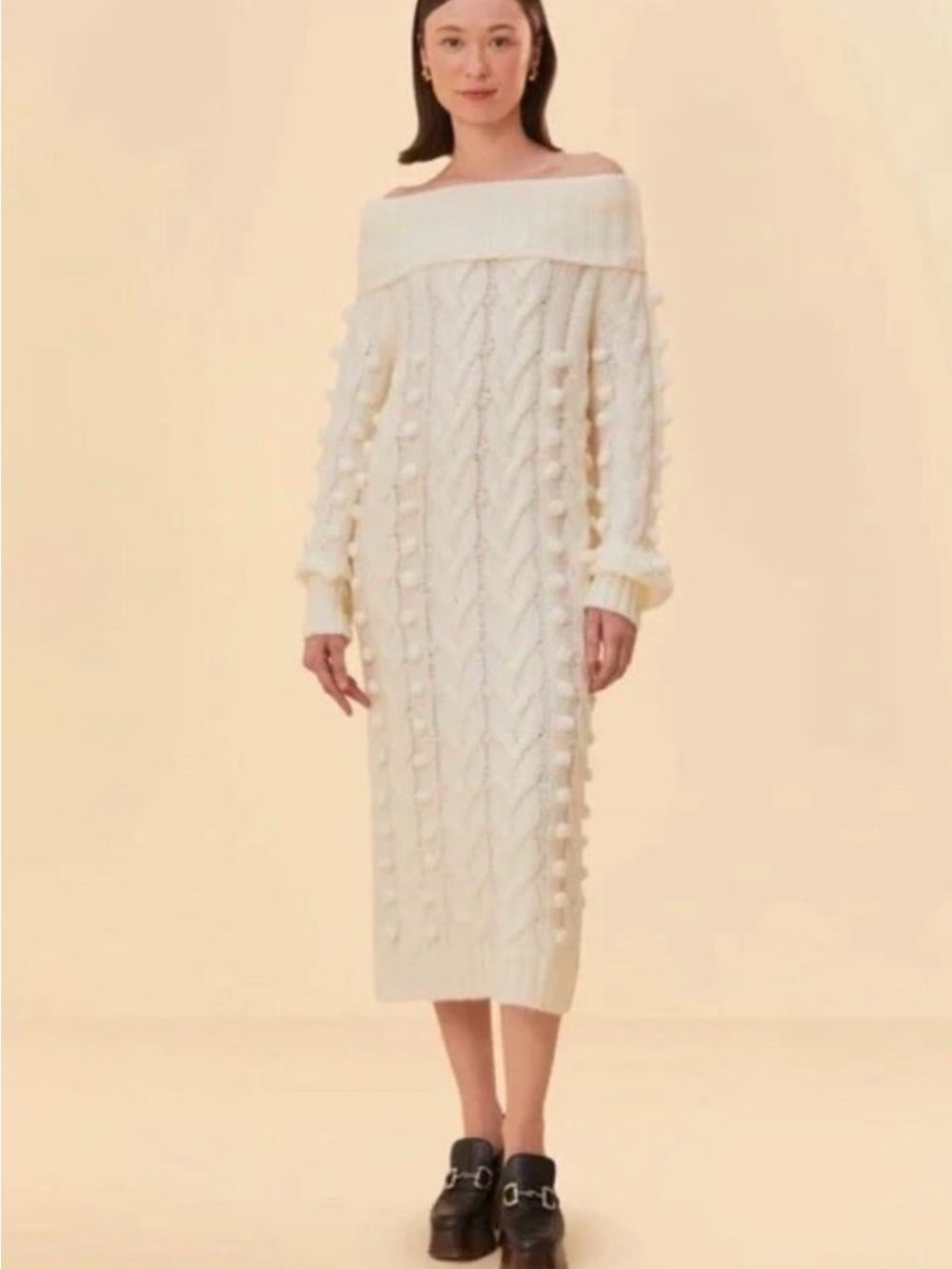 FARM RIO Off-Shoulder Cream Cable Knit Pom Pom Midi Dress
